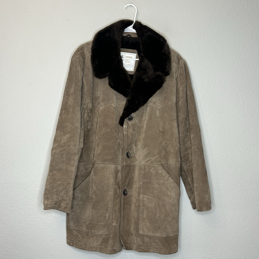 VTG 70s London Fog Suede Leather Rancher Coat Men's 44R Shearling Sherpa Lined